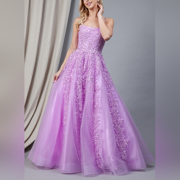 Lilac or royal lace beaded long lace up open back dress